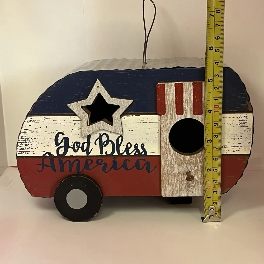 Decorative Bird House God‎ Bless America Flag Birdhouse Rustic Retro Camper